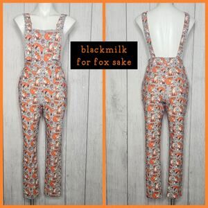 Blackmilk - For Fox Sake, Fleece Lined Gray Overalls w Foxes and Mushrooms, sz S